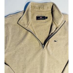 Vineyard Vines Mens Green 1/4 Zip Cotton Blend Pullover Sweater Sz L Logo Tan